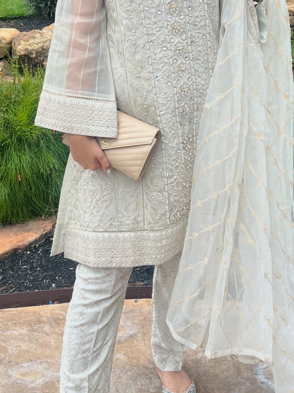3 Pieces: Pakistani Cream Embroidered Women's Pants & Kameez Set